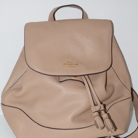 Coach Pebbled Leather Drawstring Backpack Taupe Beige - Picture 13 of 16